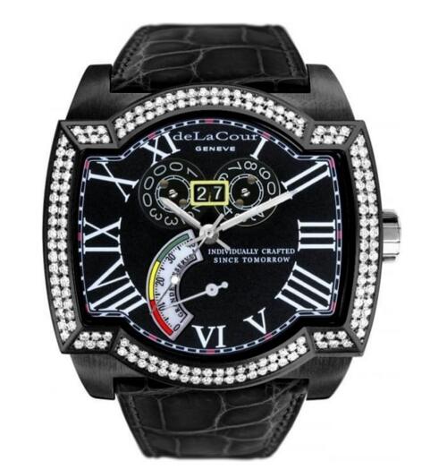 Luxury Replica DeLaCour SAQRA GRANDE RESERVE STEEL PVD DIAMOND BEZEL BLACK watch WAST2275-0974